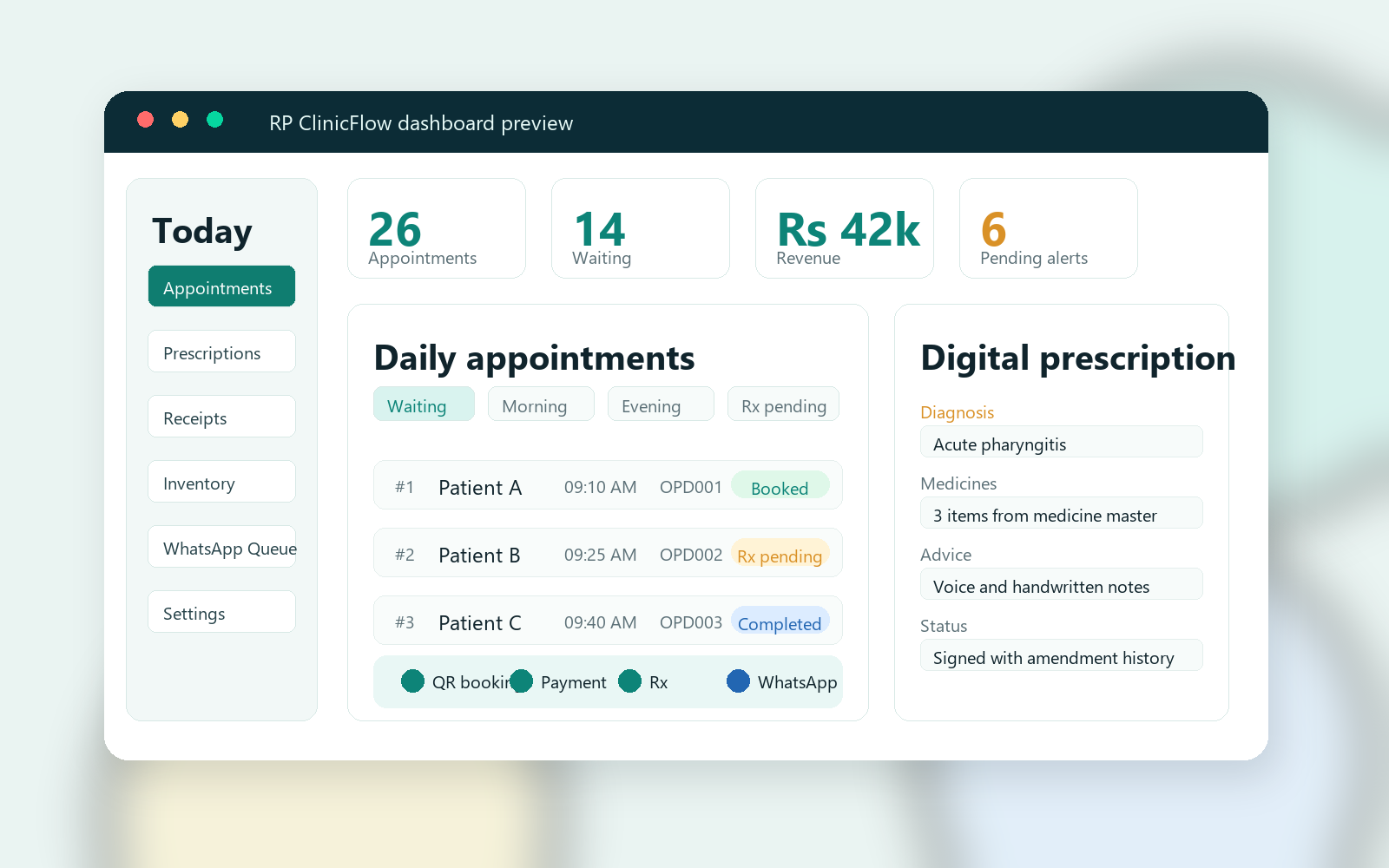 An anonymized preview of the RP ClinicFlow clinic dashboard